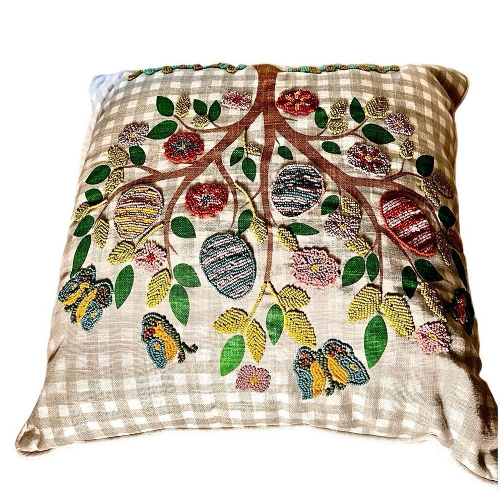 Lacourte 20″ x 20″ Easter Egg Tree Beaded Decorative Pillow, Green Gingham Print - Picture 6 of 10
